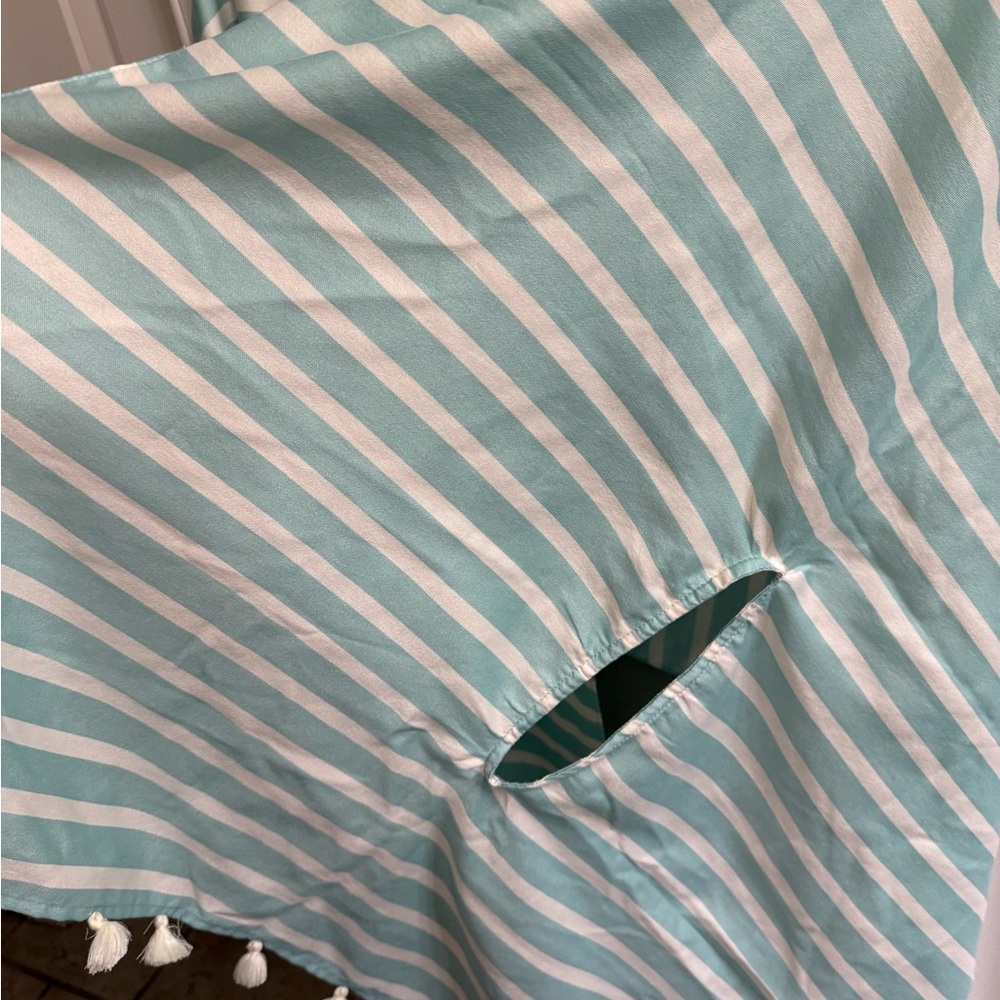 J. Crew Aqua  Blue and White Striped Cape Shaw With Tassels and Arm Holes NWT - Picture 3 of 8